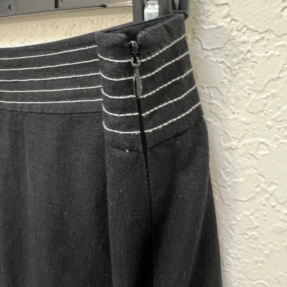 Linen Blend Black Midi Skirt Contrast Stitch Waistband Classic Preppy Minimalist